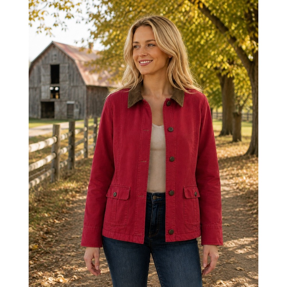 LL Bean Adirondack Barn Jacket Womens L Red Chore Coat Insulated Corduroy Collar